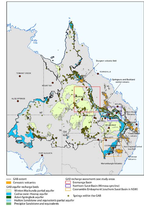 -Outcrop beds of major Great Artesian Basin aquifers and springs within... | Download Scientific ...