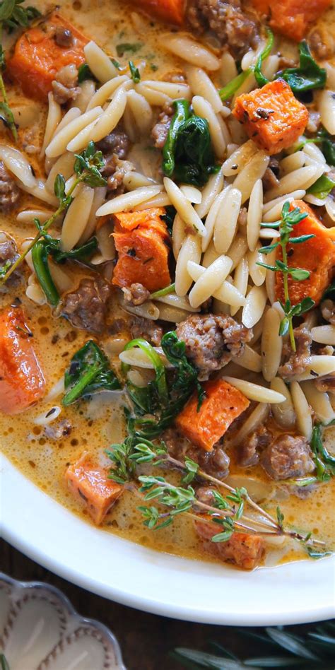 Creamy Butternut Squash And Sausage Soup With Orzo And Spinach In A