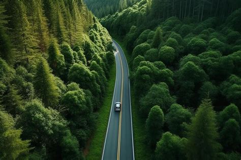 Premium AI Image Road Winds Through The Lush Forest With Modern Cars