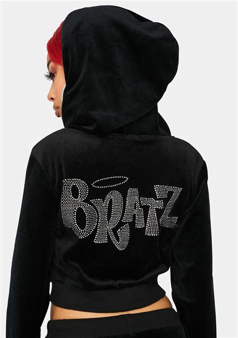 Dolls Kill X Bratz Rhinestone Logo Velour Hoodie Black Streetwear