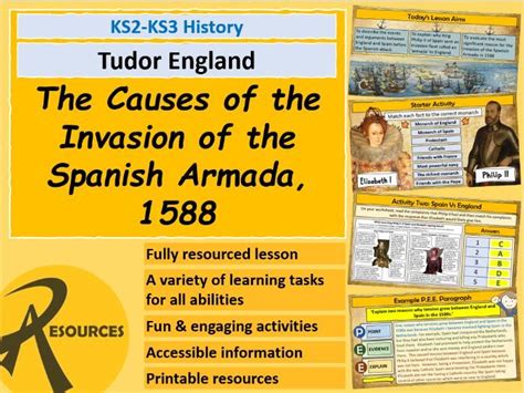 KS2 KS3 Tudor History: Causes of the Spanish Armada 1588 King Philip II Spain Queen Elizabeth I ...