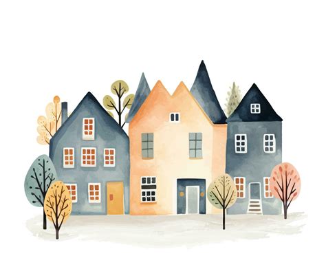 scandinavian houses  trees cute scandi watercolor homes european
