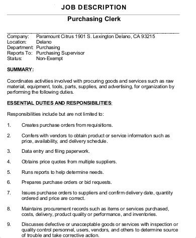 Free Purchasing Clerk Job Description Samples In Ms Word Pdf