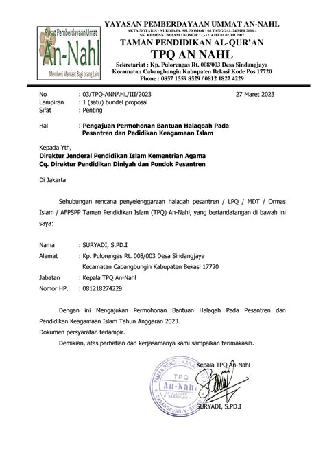 Pengajuan Permohonan Bantuan Halaqah TPQ AN NAHL 2023 YAYASAN