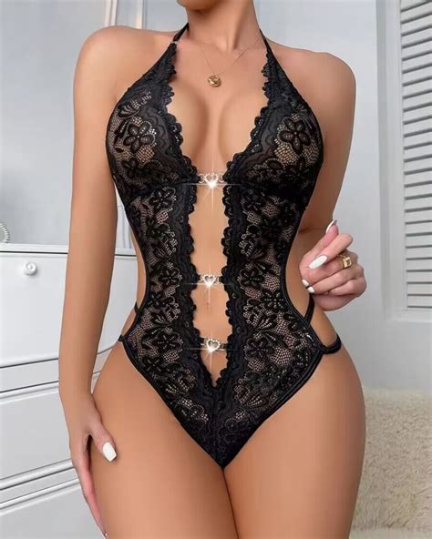 Heart Decor Halter Backless Lace Teddy