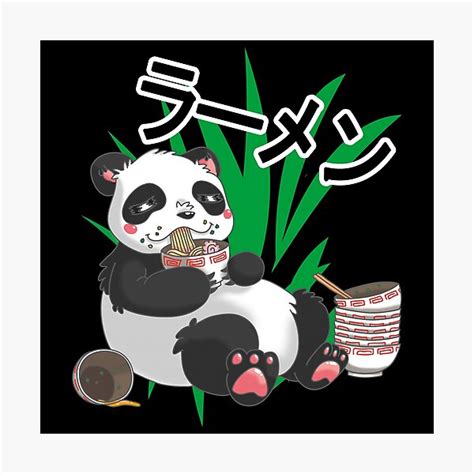 Lámina fotográfica Kawaii Anime Panda comiendo fideos ramen japoneses