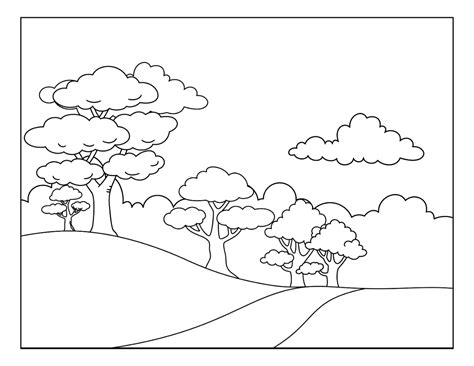 peaceful forest pathway  rolling hills  trees  clouds