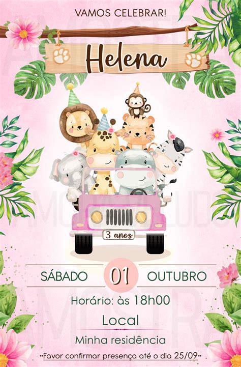 Convite Aniversário Baby Safari Aquarela Menina Rosa Elo7