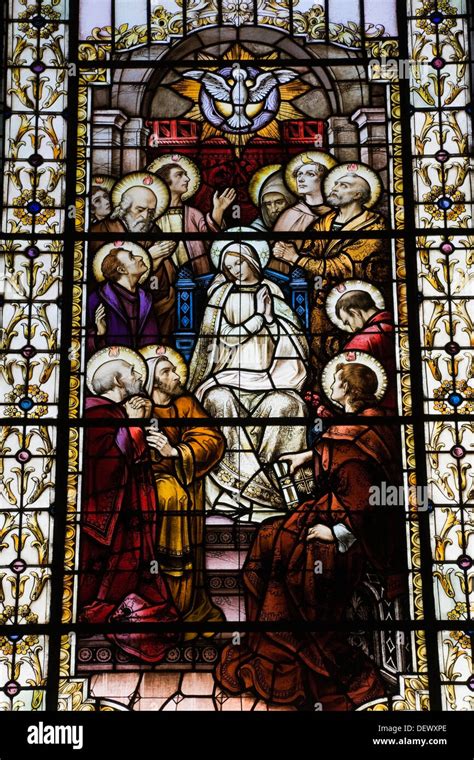 Stained Glass Window Depicting A Religious Scene Notre Dame De Quebec Basilica Cathedral