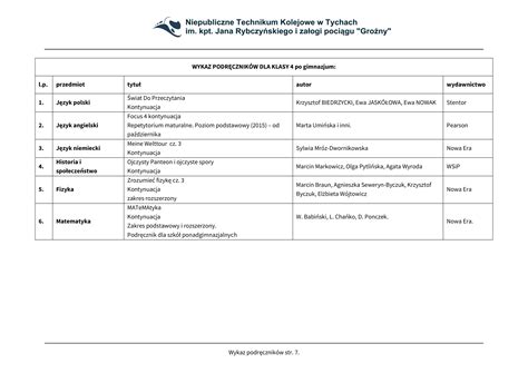 Listy Podr Cznik W Na Rok Szkolny Technikum Kolejowe W Tychach