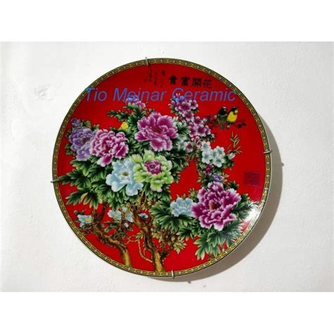 Jual Keramik Pajangan Piring Antik Cina Kansai Red Motif Bunga Warna