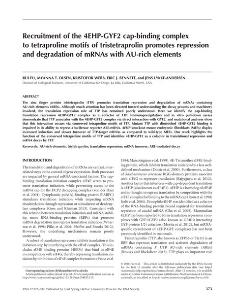 Pdf Recruitment Of The 4ehp Gyf2 Cap Binding Complex To Tetraproline Motifs Of Tristetraprolin