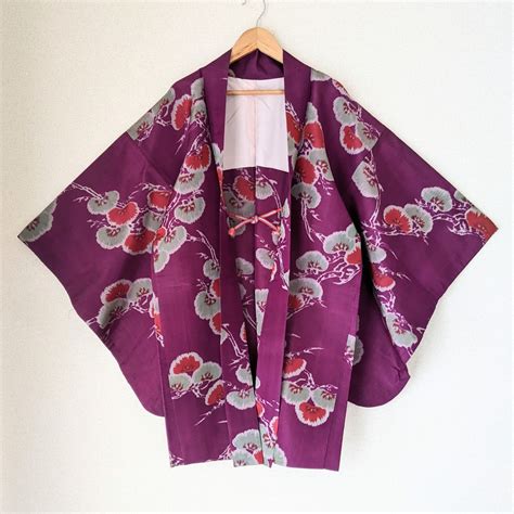 Japanese Vintage Haori Long MEISEN Purple Pine Pattern Silk Kimono Gown