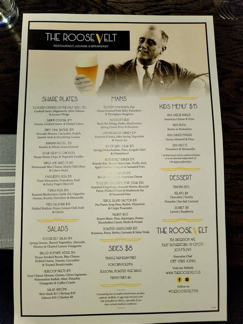 Menu at The Roosevelt restaurant, East Rutherford