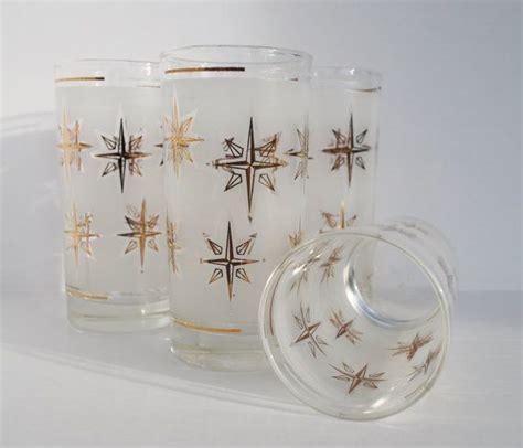 Vintage Mid Century Frosted Gold Starburst Drinking Glassware Etsy Gold Starburst Glassware