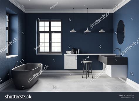 Modern Blue Bathroom Interior Equipment Window Stock Illustration ...