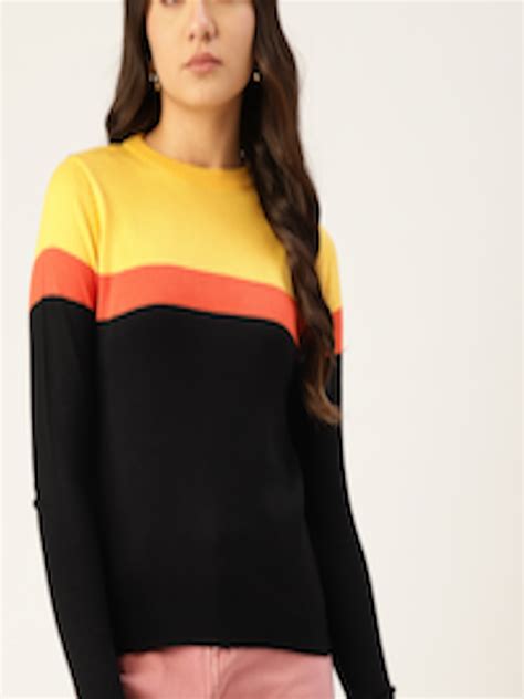 Buy DressBerry Women Black Yellow Colourblocked Pullover With Striped