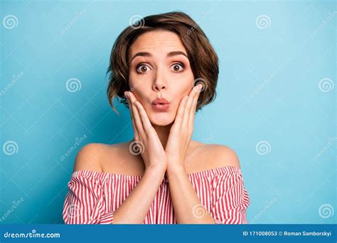 Closeup Photo Of Attractive Shocked Lady Open Mouth Arms On Cheeks Not