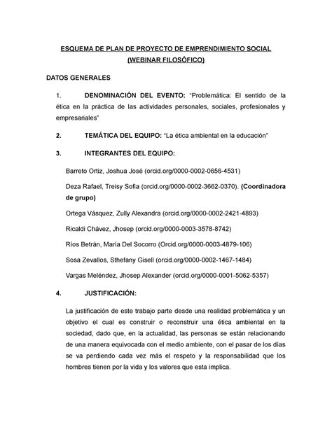 Esquema De Plan De Proyecto De Emprendimiento Social Esquema De Plan