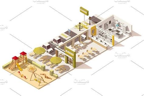 Vector Isometric Low Poly Fast Food Restaurant Isometric Design