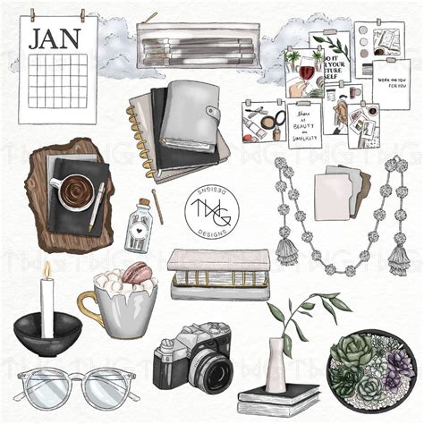 Planning Mood Board Illustrated Clipart Digital Stickers Icons New Year