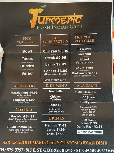 Menu at Turmeric Indian Grill restaurant, St. George