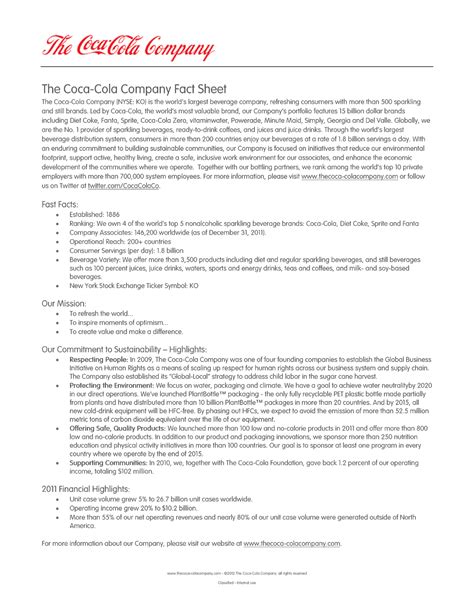 Coca Cola Fact Sheet Lecturer James Hall Prn Studocu