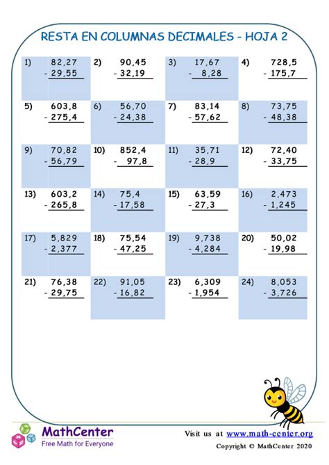 Quinto Grado Hojas De Trabajo Restas De Varias Cifras Con Llevadas Math Center