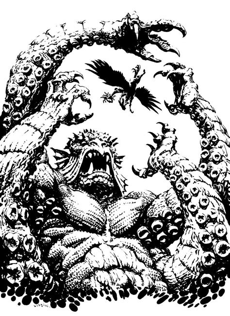 An Ink Drawing Of A Monster Surrounded By Other Monsters