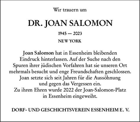 Traueranzeigen Von Joan Salomon Vrm Trauer De