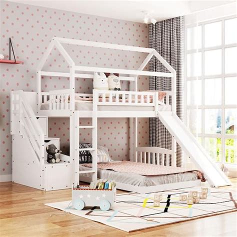 Harper & Bright Designs White Twin Over Twin Wood House Bunk Bed with 2 ...