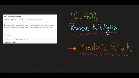 LeetCode 402 Remove K Digits Monotonic Stack Stack YouTube