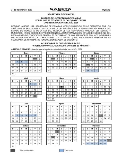 Calendario Oficial Edomex 2021 Pdf México Gobierno