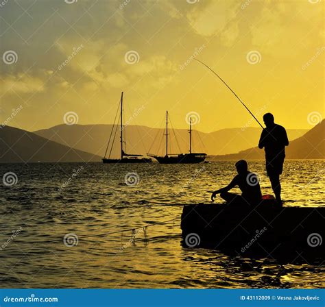 Fisherman Silhouette At Sunset Stock Image Image Of Cast Nature