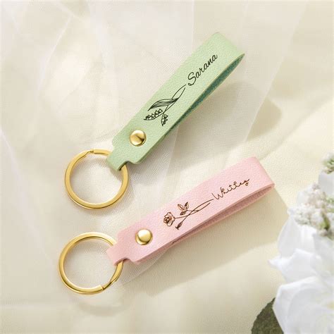 Personalized Name Keychain With Birth Flower Faux Leather Keychain