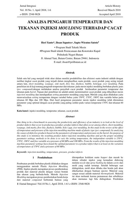 Pdf Analisa Pengaruh Temperatur Dan Tekanan Injeksi Moulding Terhadap