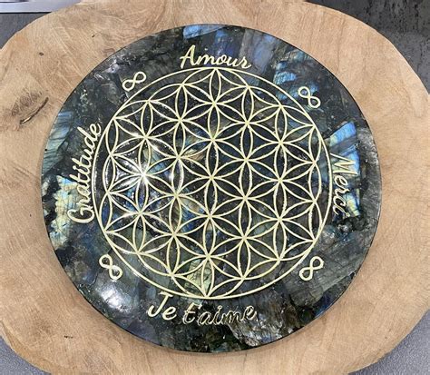 Disque De Rechargement Labradorite Fleur De Vie Et Mots Positifs 15 Cm