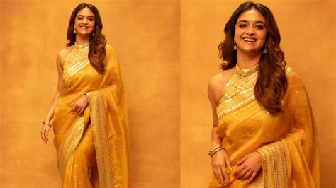 Keerthy Suresh Shines In Yellow Shimmery Saree Fans In Awe Iwmbuzz