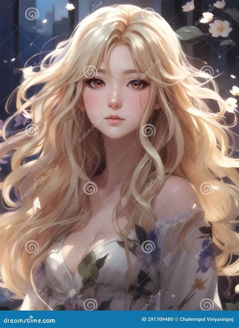 Beautiful Blonde Woman With Long Flowing Hair In A White Floral Dress Stock Illustration