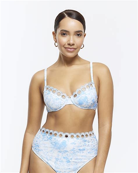 White Floral Scallop Balconette Bikini Top River Island