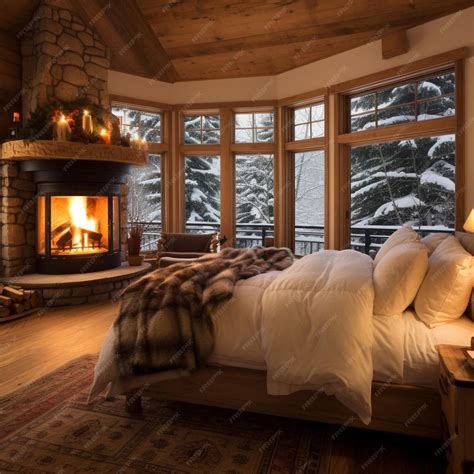 Premium Photo | A cozy cabin bedroom with a fireplace and snow outside