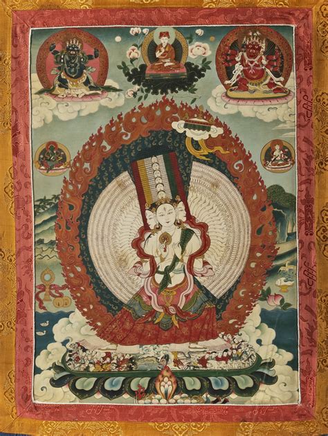 A THANGKA DEPICTING THE NINE HEADED AND THOUSAND ARMED AVALOKITESHVARA