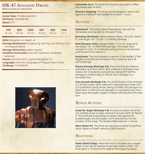 Dnd 5e Stat Block For Hk 47 Assassin Droid Star Wars Knights Of The Old Republic R Dndhomebrew