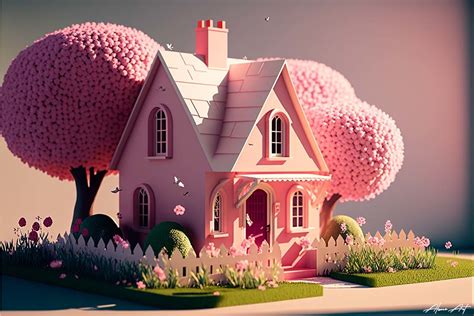 Cute Mini Pink Cartoon House With Garden Gr Fico Por Alone Art