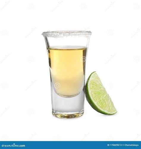 Mexican Tequila Shot With Salt And Lime Slice Isolated Stock Image