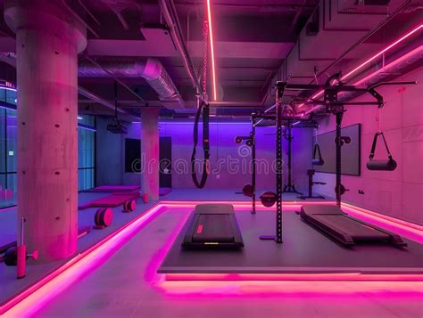 Futuristic VR Fitness Gym With Vibrant LED Lit Exercise Zones And