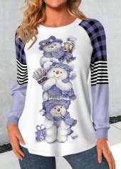 Rotita Patchwork Snowman Print Light Purple Round Neck T Shirt Rotita