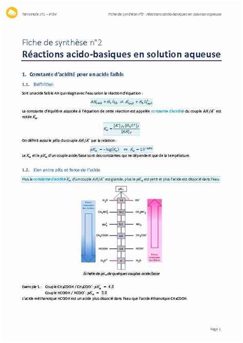 Pdf Fiche De Synth Se N R Actions Acido Basiques En Solution