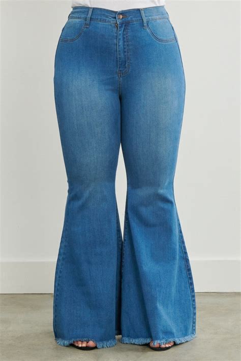 Vibrant High Waisted Plus Size Frayed Bell Bottom Jeans Medium Denim