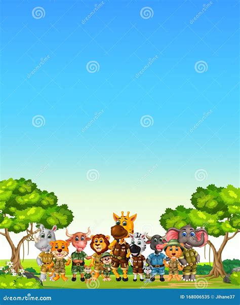 Cool Wildlife Animals in Grass Field with Trees and Flowers Cartoon ...